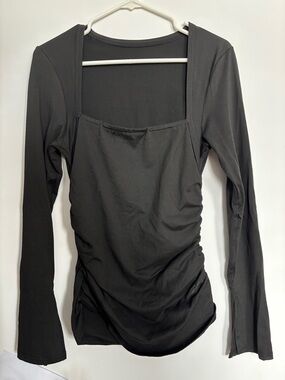 Black Long-Sleeve Square Neck Ruched Women's Top